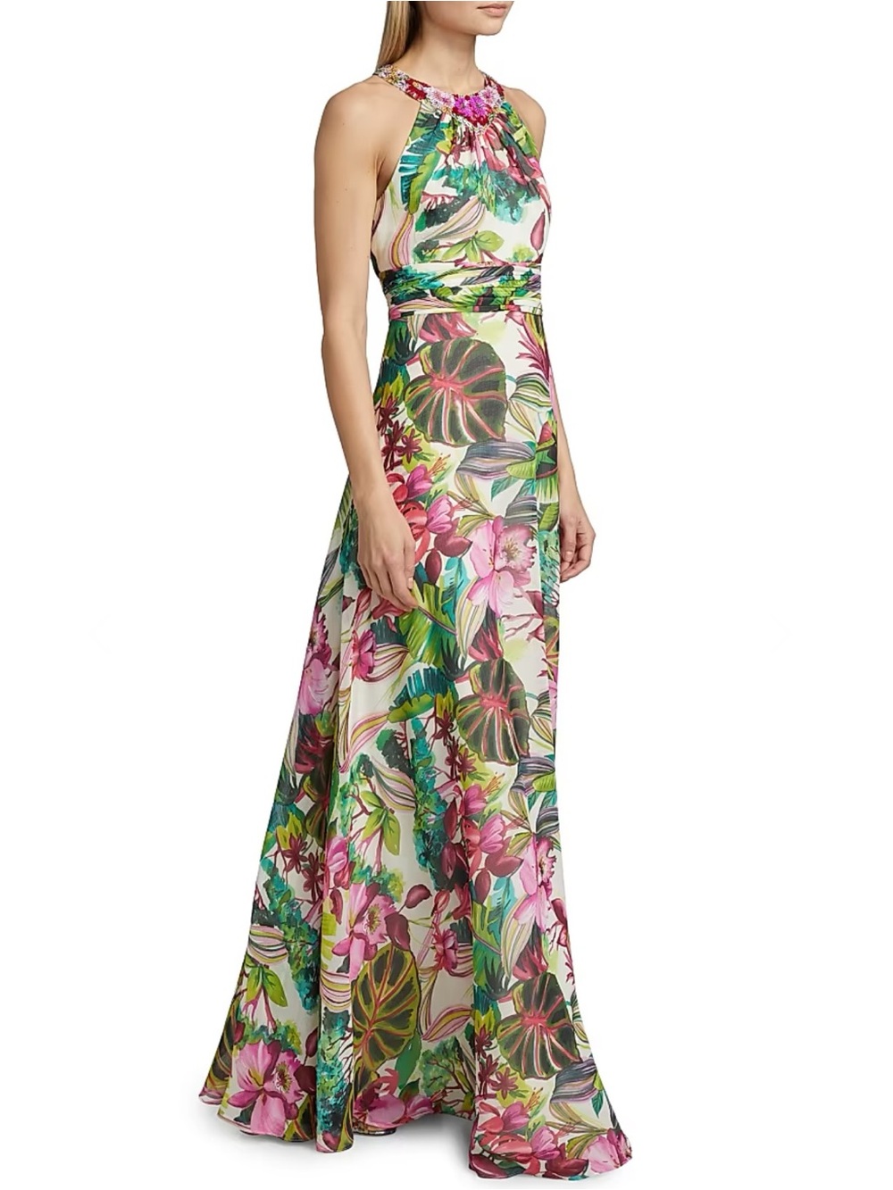 🎉TERI JON Chiffon Jungle Print Paillette Halter Gown